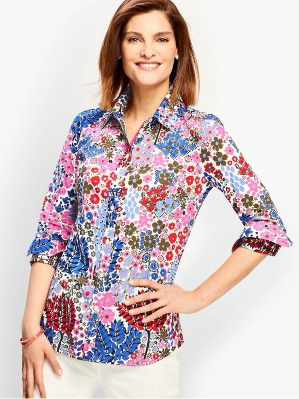 TALBOTS M Classic Casual Shirt Happy Forest Vibrant Colorful Floral Print Blouse